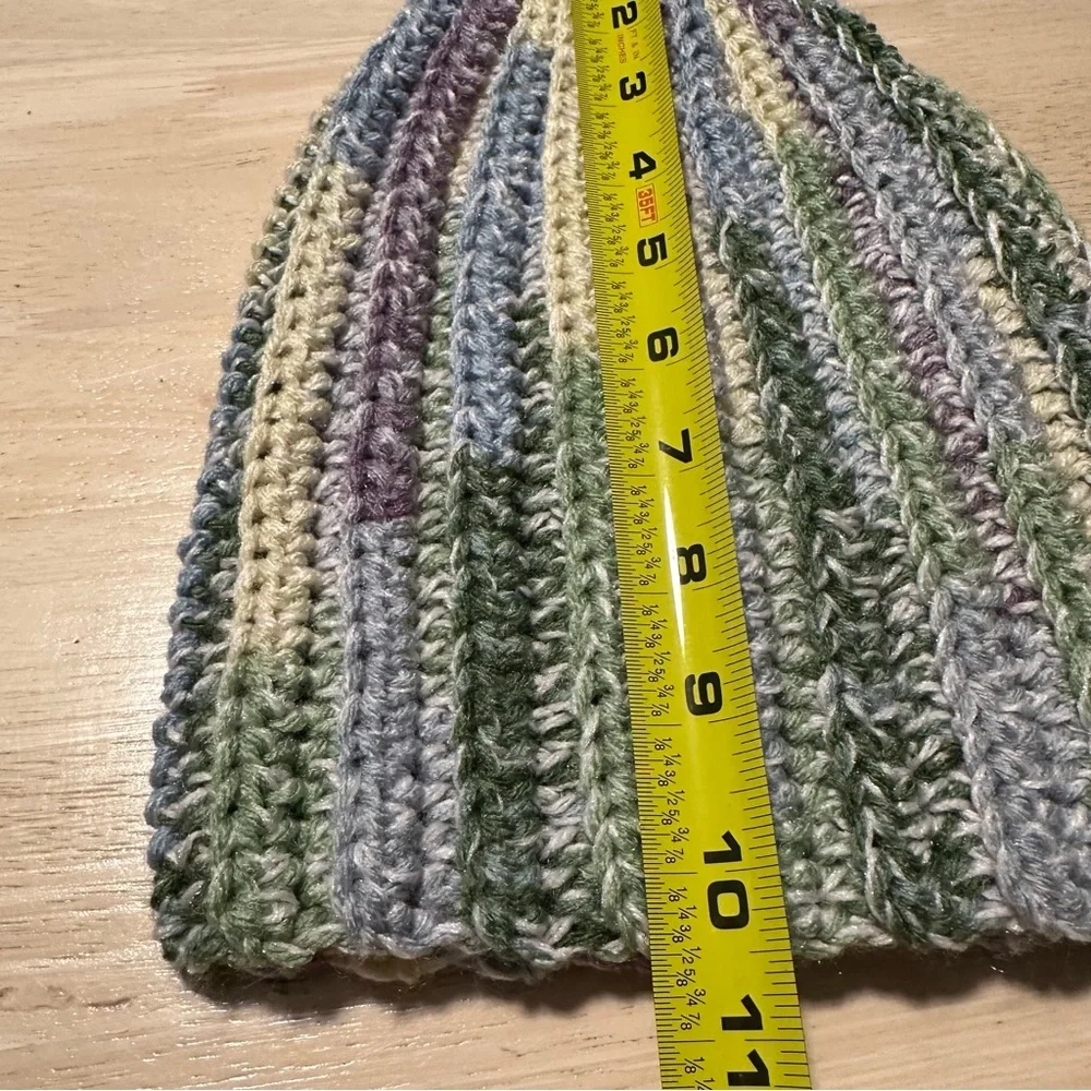 New Handmade Crochet Rib Beanie Fold over Hat Green Yellow Blue Purple Speckled - Picture 9 of 10